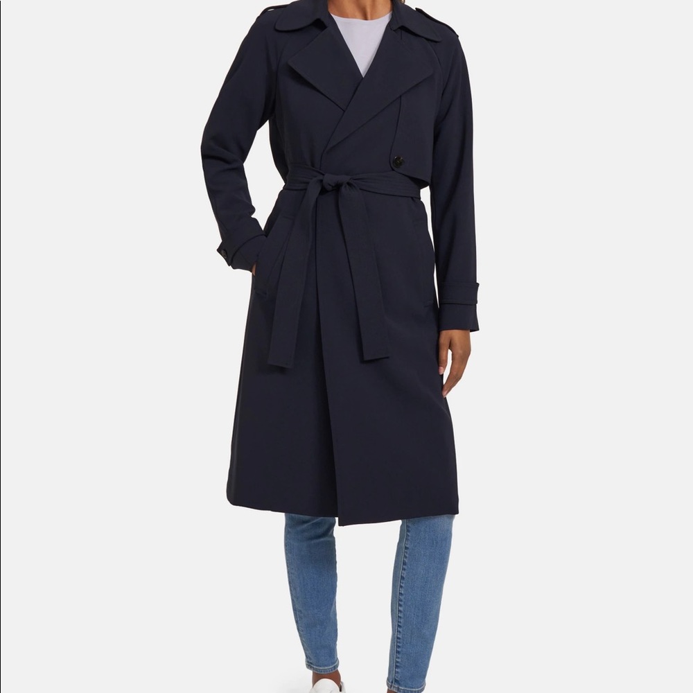 Theory Wrap Trench Coat in Crepe Navy Blue